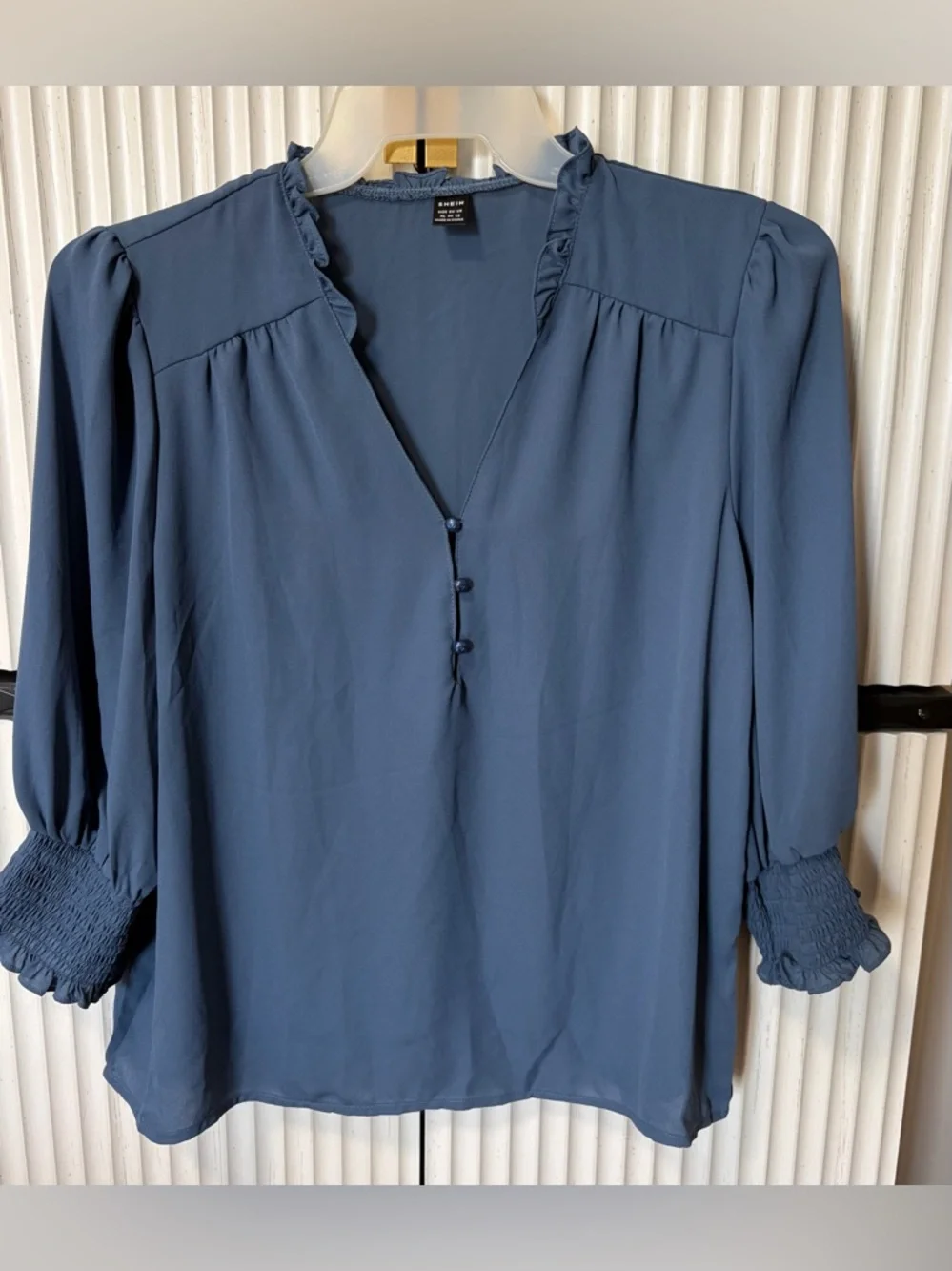Shein Dusty Blue Ruffle-Trim Smocked Cuff Blouse - Picture 1 of 3